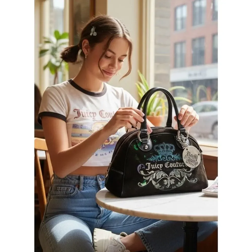VTG Juicy Couture Bowler Bag Purse Velour Silver Royal Juicy Charm Retro Y2K